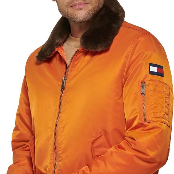 Tommy Hilfiger Men's Bomber Jacket with Removable Pile Collar Orange - Picture 1 of 5